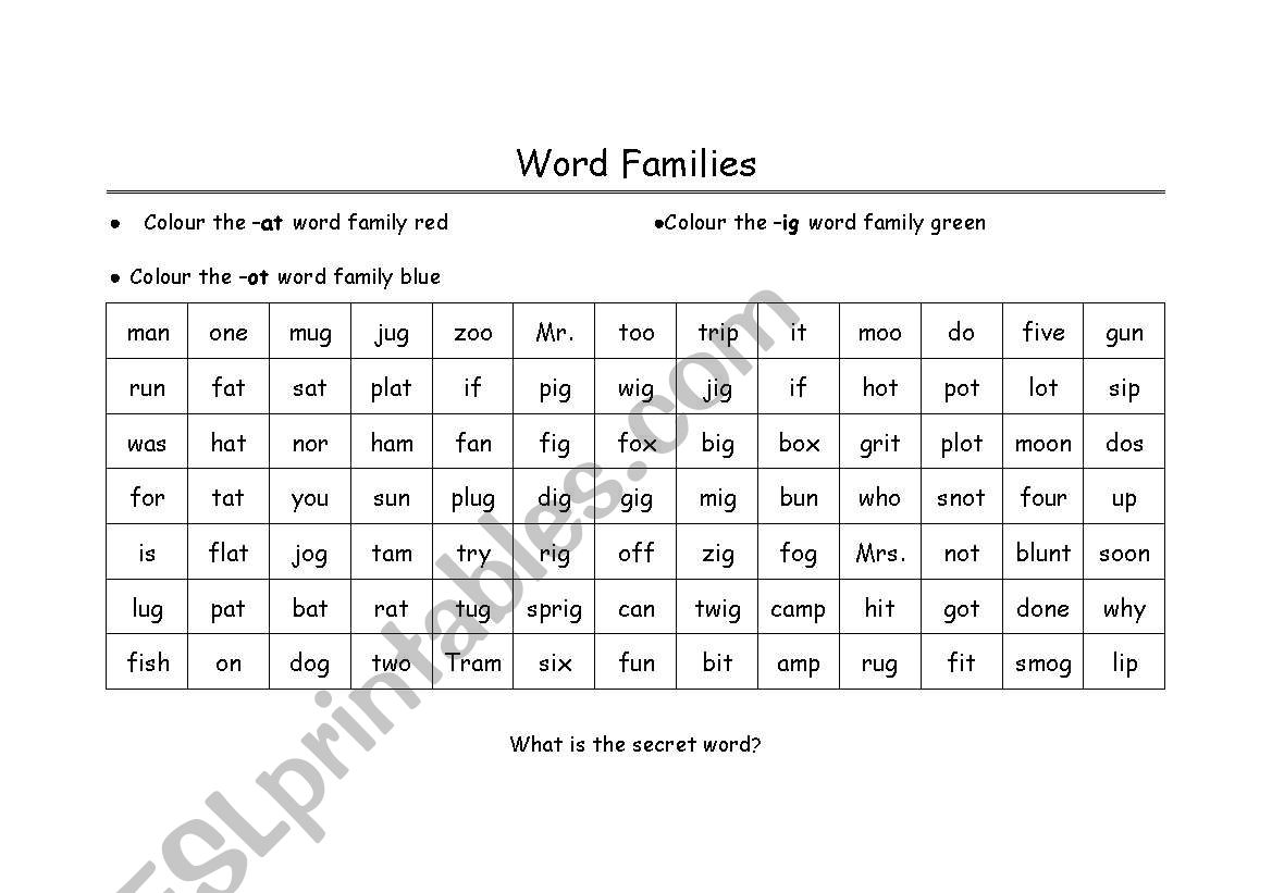Word Families Colouring worksheet