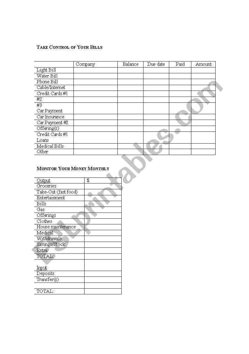 Manage Your Money worksheet