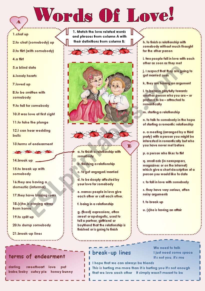 WORDS OF LOVE! -love related vocabulary and love quotes ( 2 pages + keys) for intermediate students