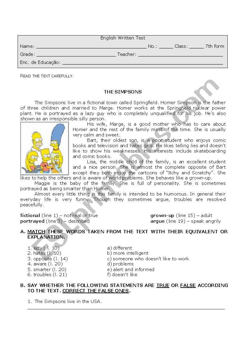 Family - The Simpsons worksheet