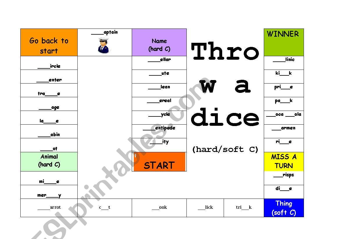 Throw a dice gameboard worksheet