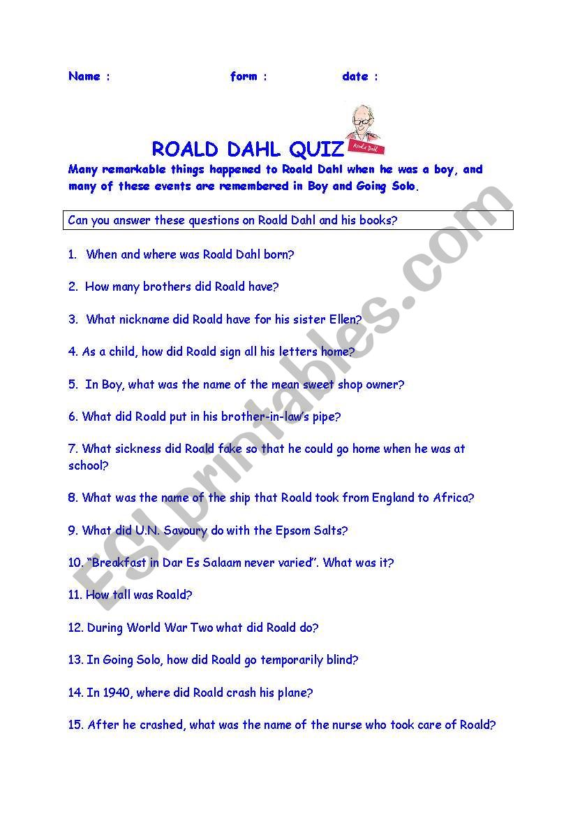 ROAL DAHL QUIZ   Key for teachers