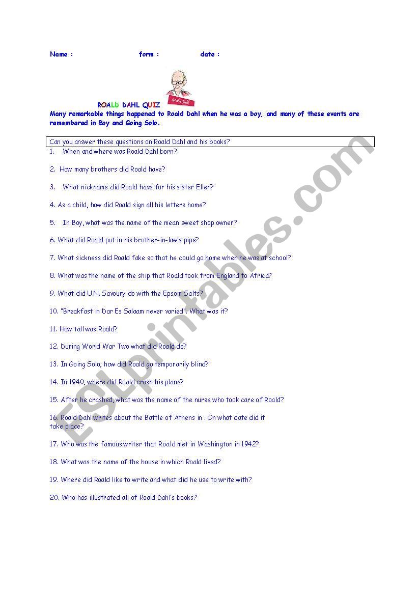 ROAL DAHL QUIZ   worksheet for students 