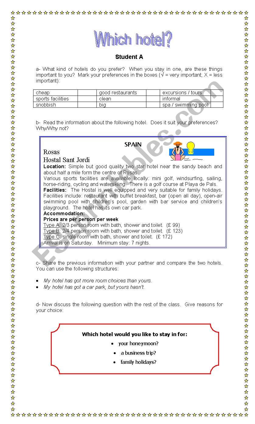 Which hotel?  Comparing and expressing preferences - 2 pages