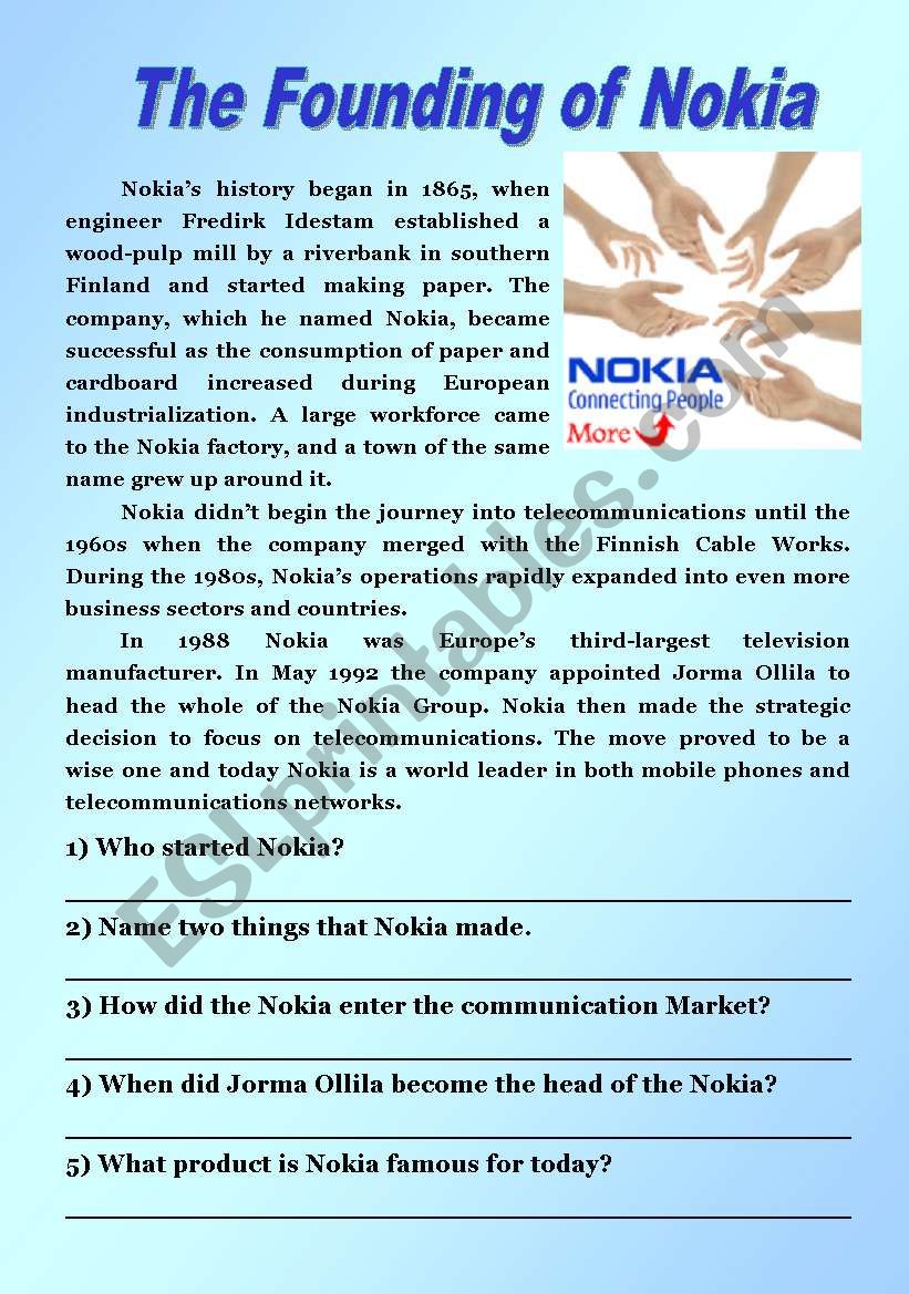 The founding of Nokia reading comprehension