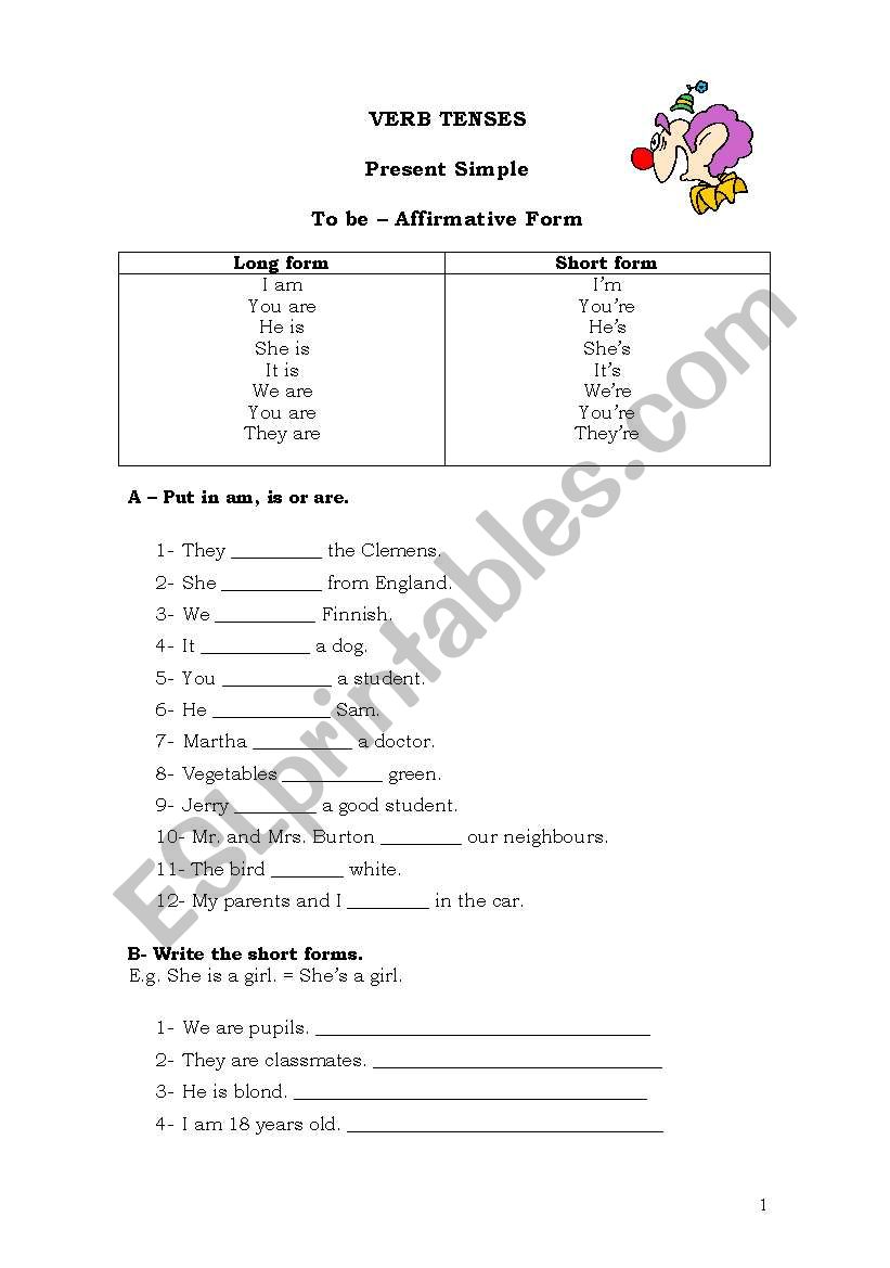 TO BE PRESENT AND PAST worksheet