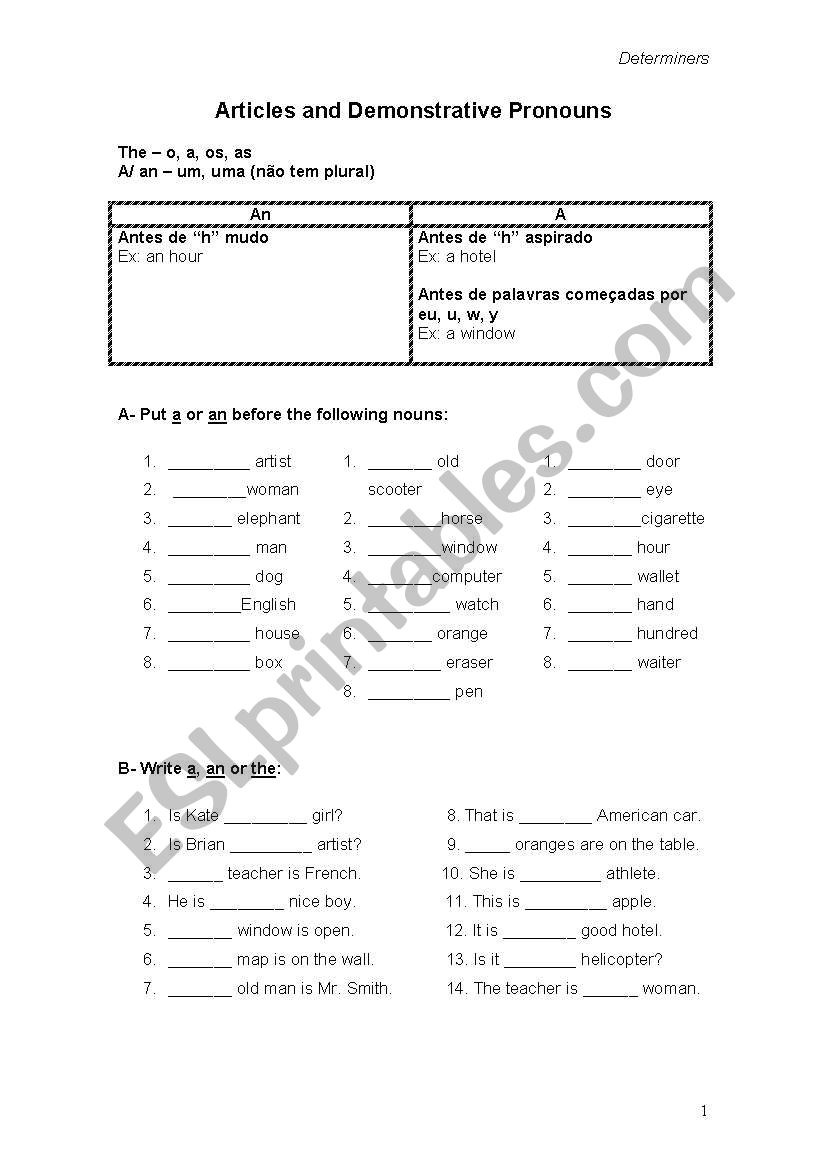 Articles and demonstratives worksheet