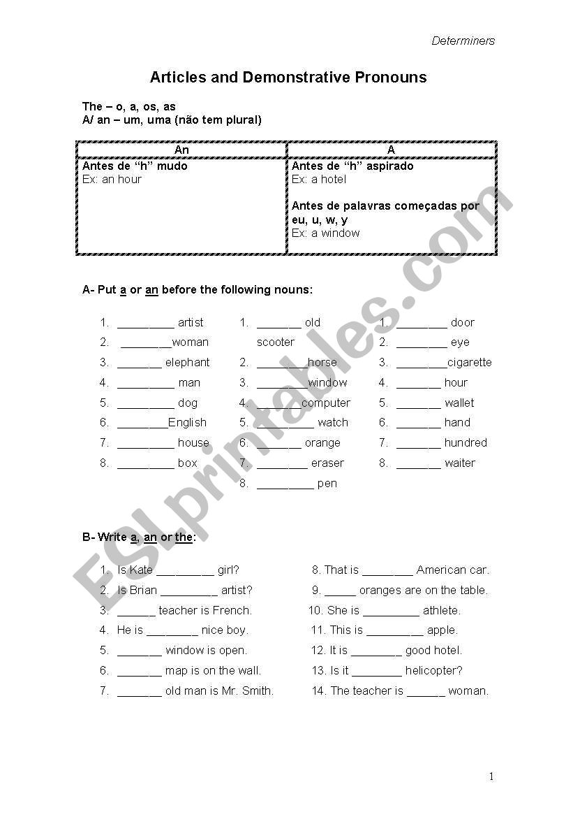 Articles and demonstratives worksheet