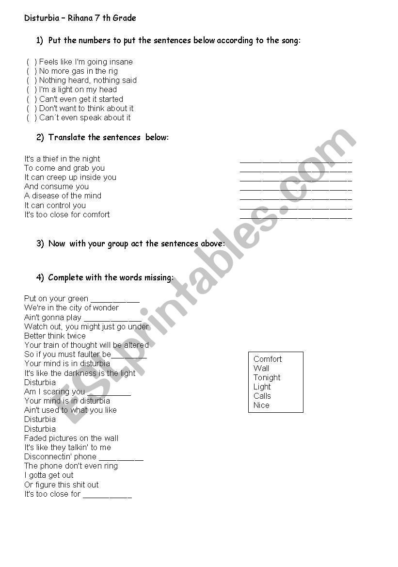 Song Disturbia - Rihana worksheet