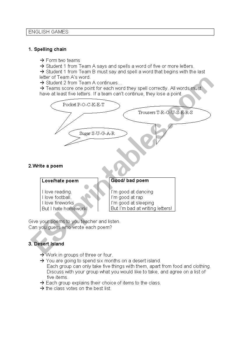 English games worksheet