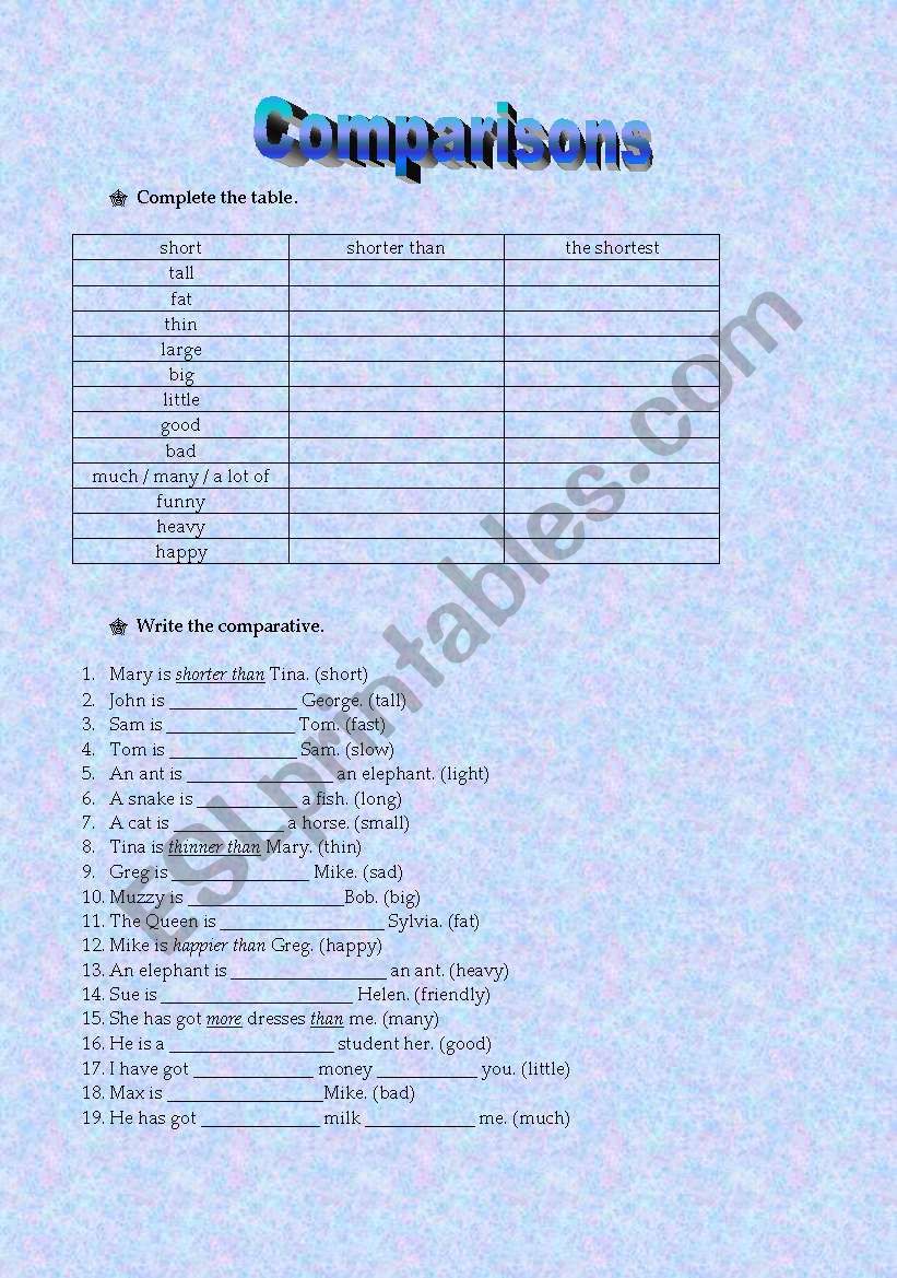 COMPARISONS worksheet