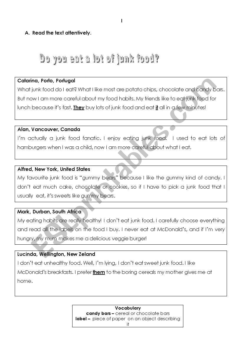 test on junk food - 7th form worksheet