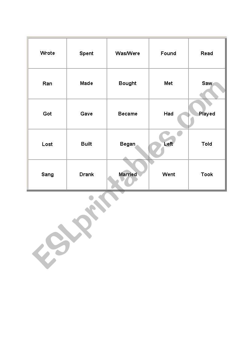 Past Simple Bingo Cards worksheet