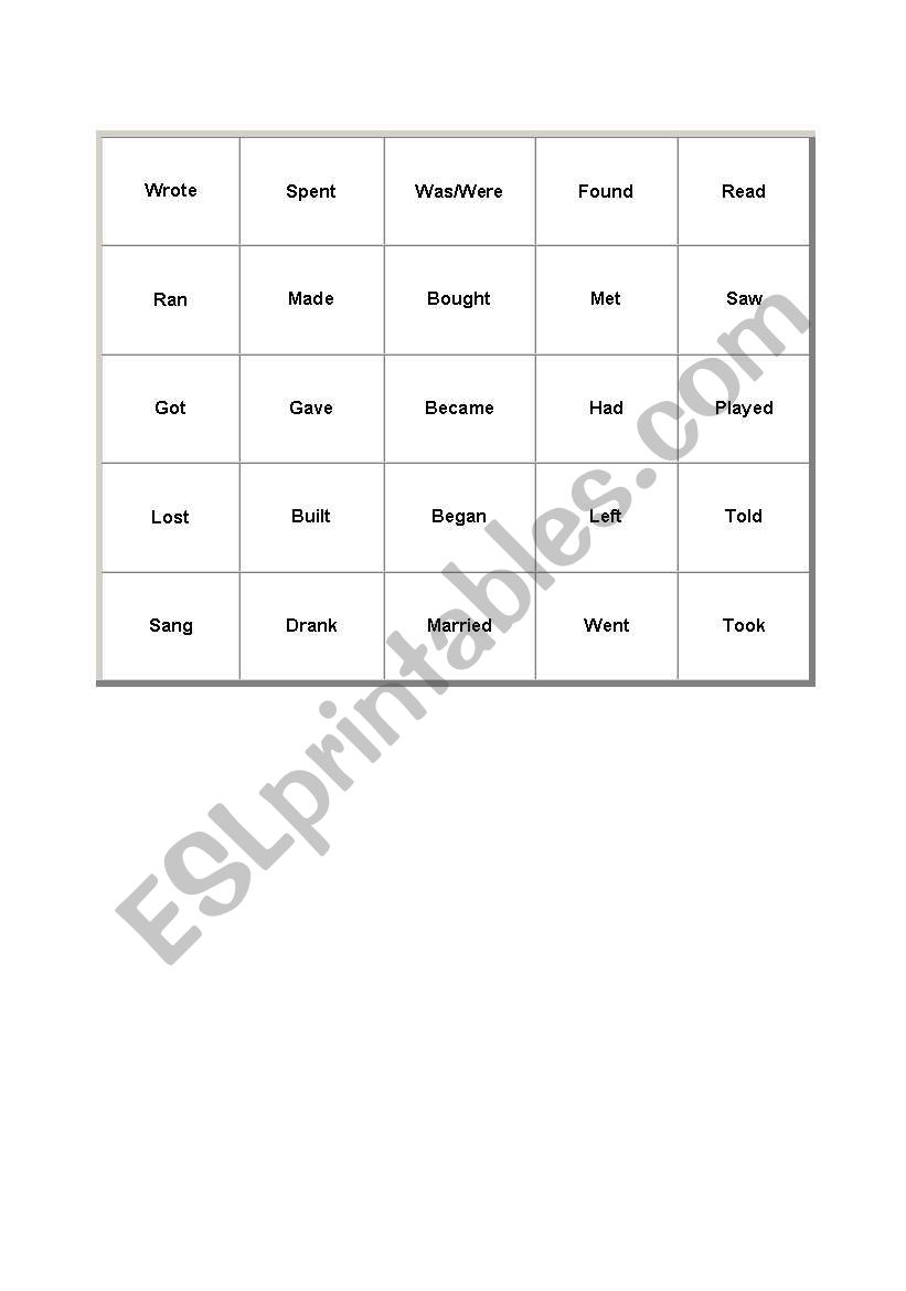 Past Simple Bingo Cards worksheet