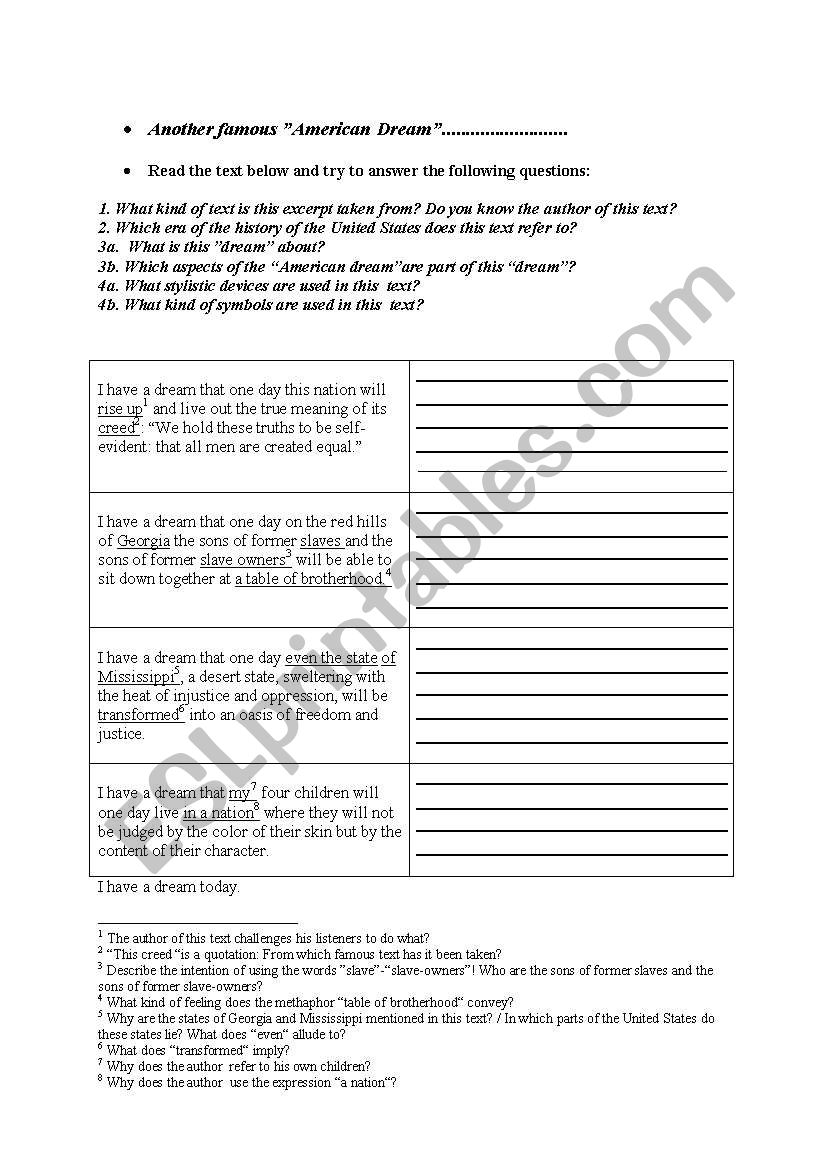 I have a dream speech worksheet