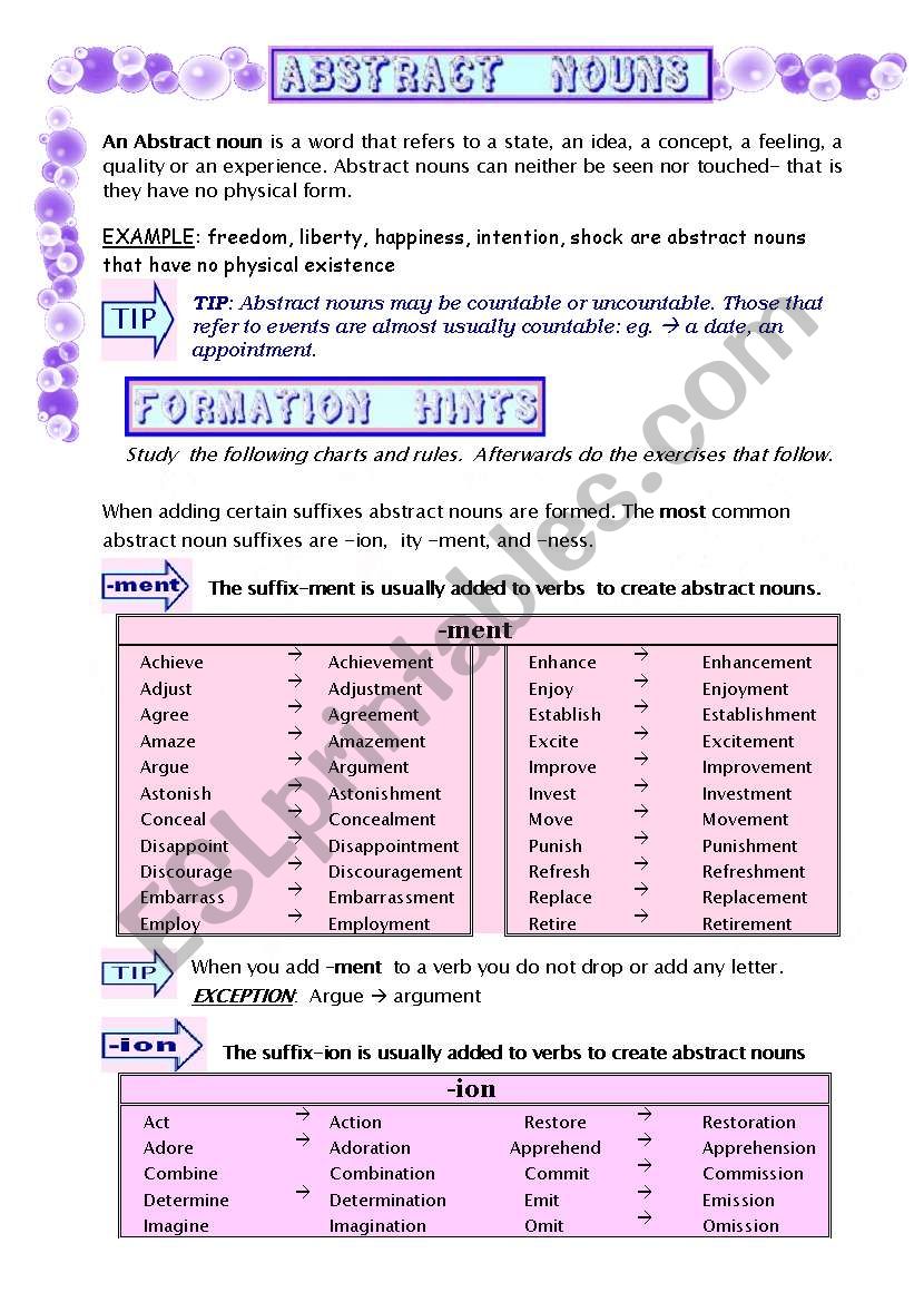 ABSTRACT NOUNS 1 ESL Worksheet By Mariamit