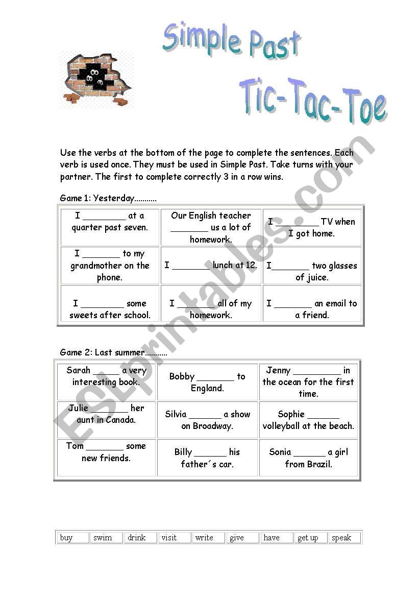 Simple Past Tic-Tac-Toe worksheet
