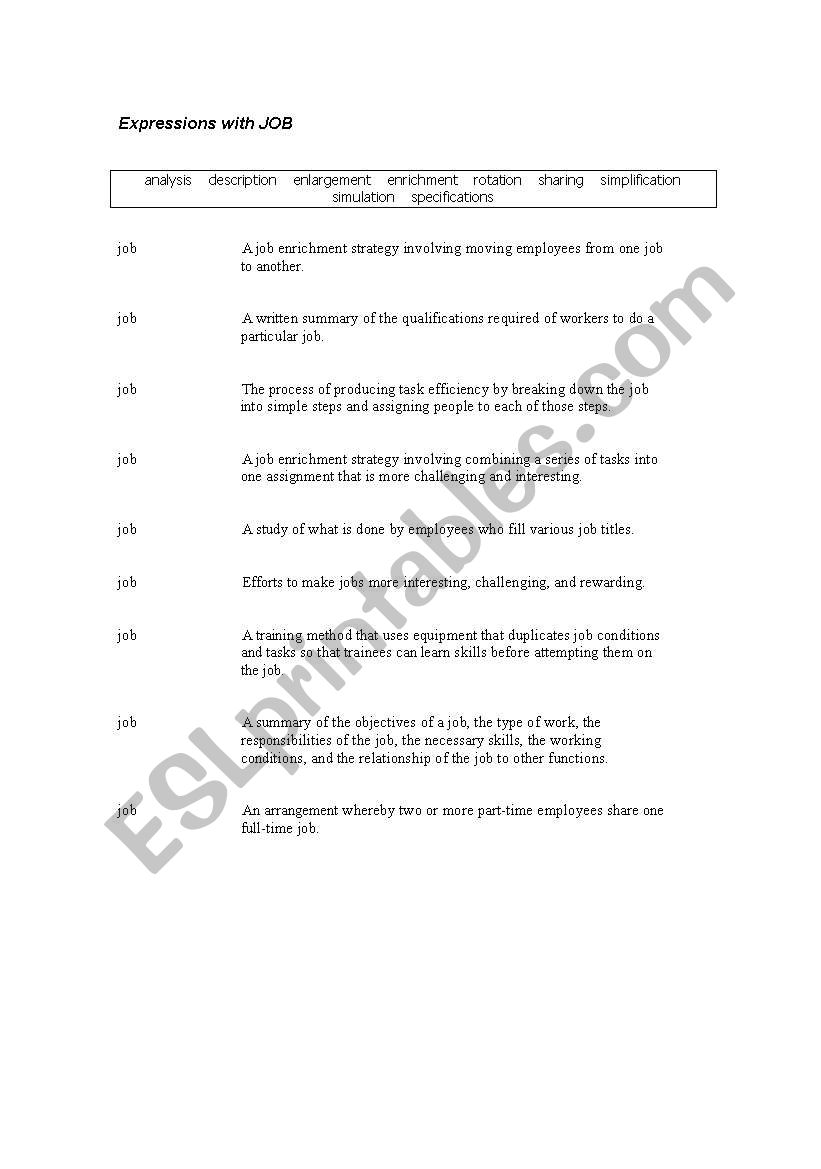 Expressions with Job worksheet