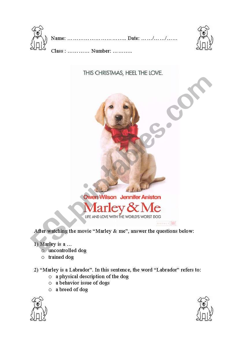 Marley & me worksheet