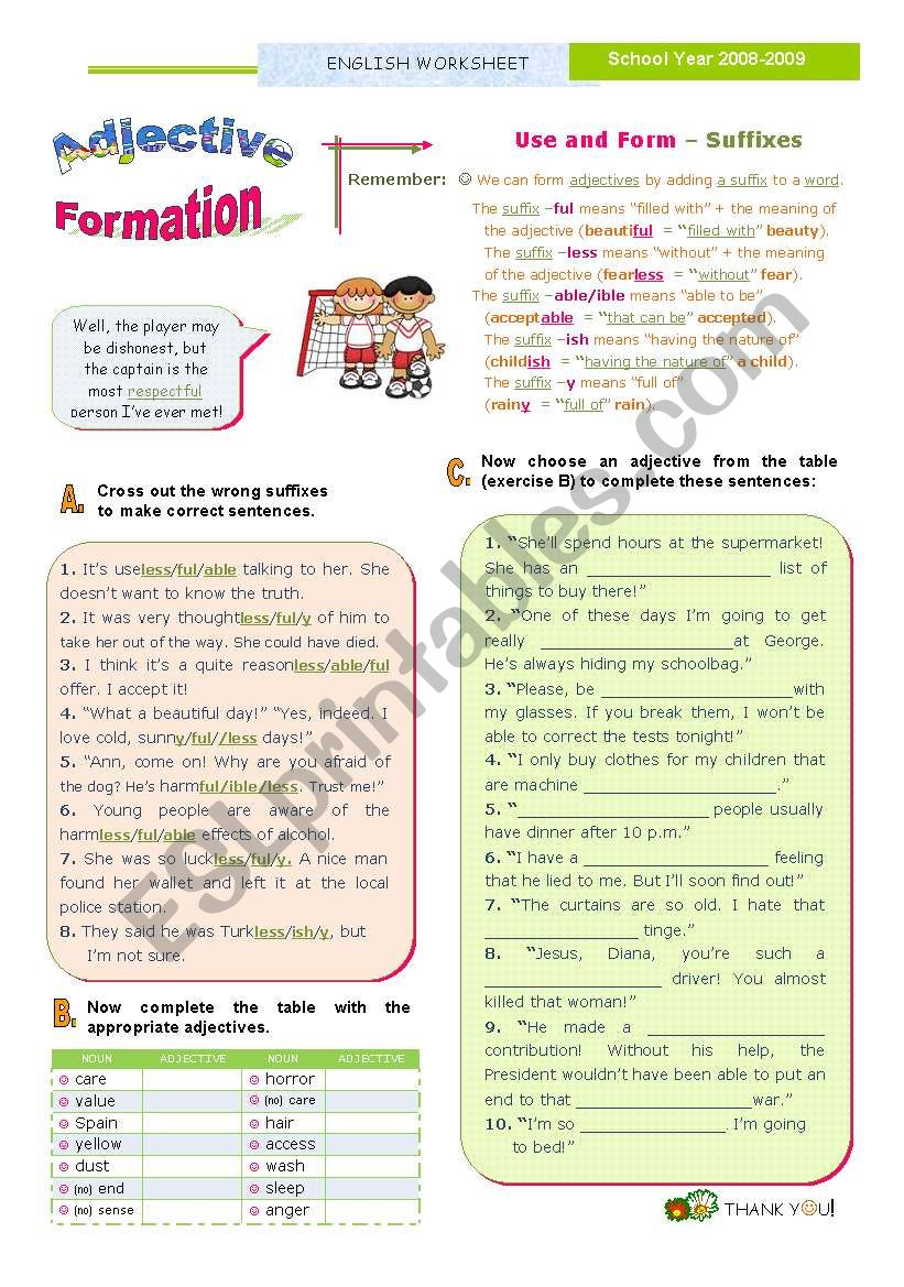 Adjective Formation  (2nd of the SET)  - common suffixes: -ful/-less/-y/-ish/-able/-ible