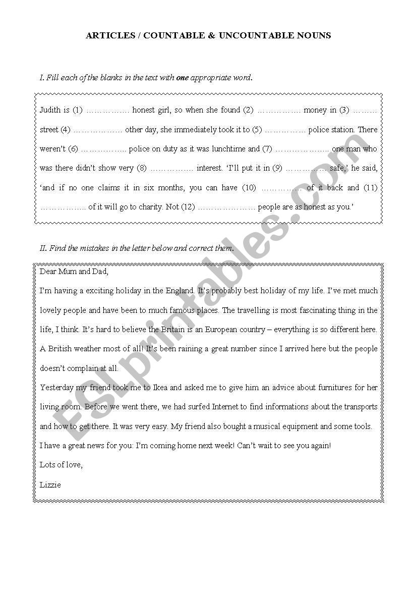 countable & uncountable & articles