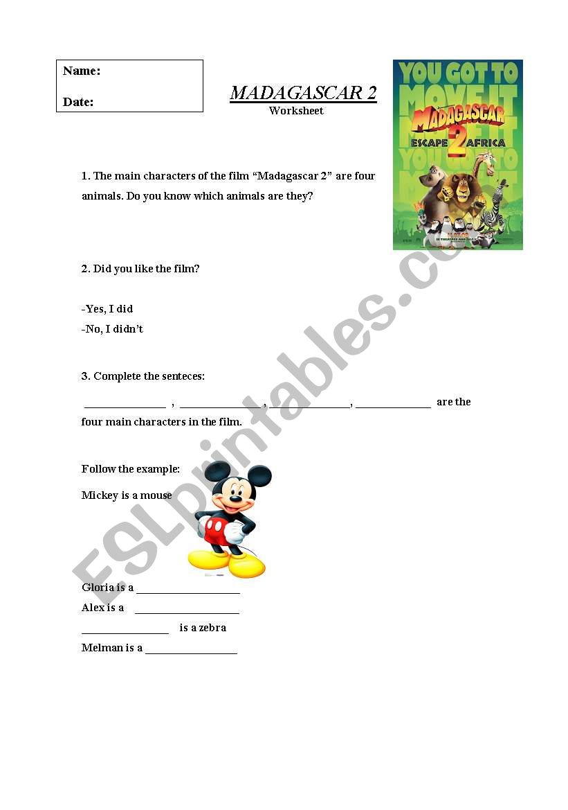 Madagascar 1 and 2 worksheet