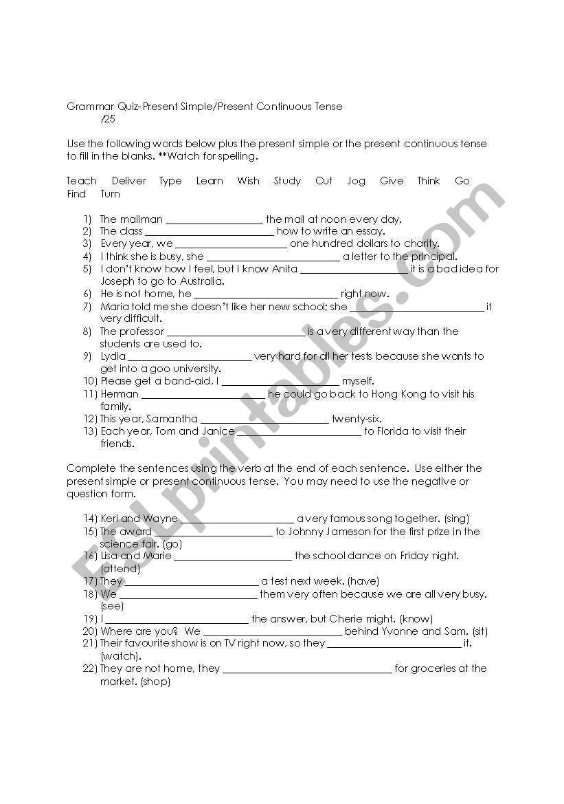 Present Continuous and Simple Present Quiz 2