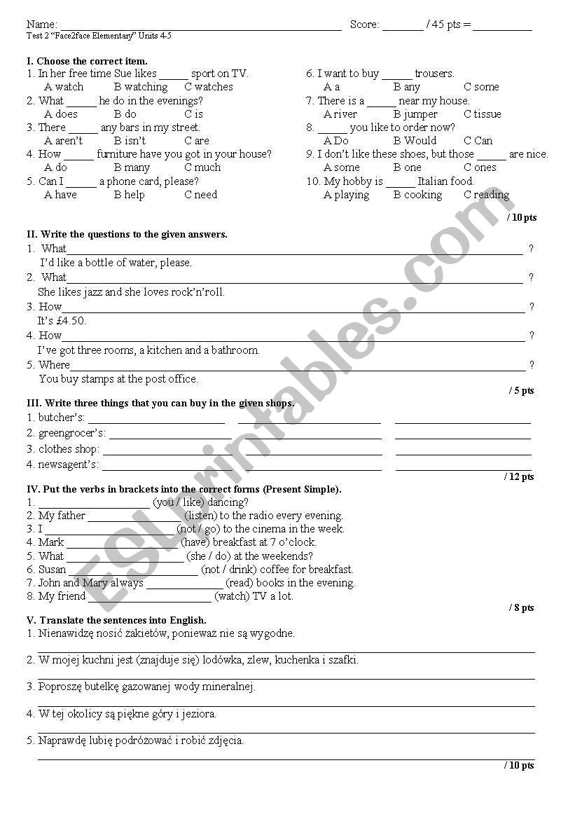 face2face elementary test: units 4-5