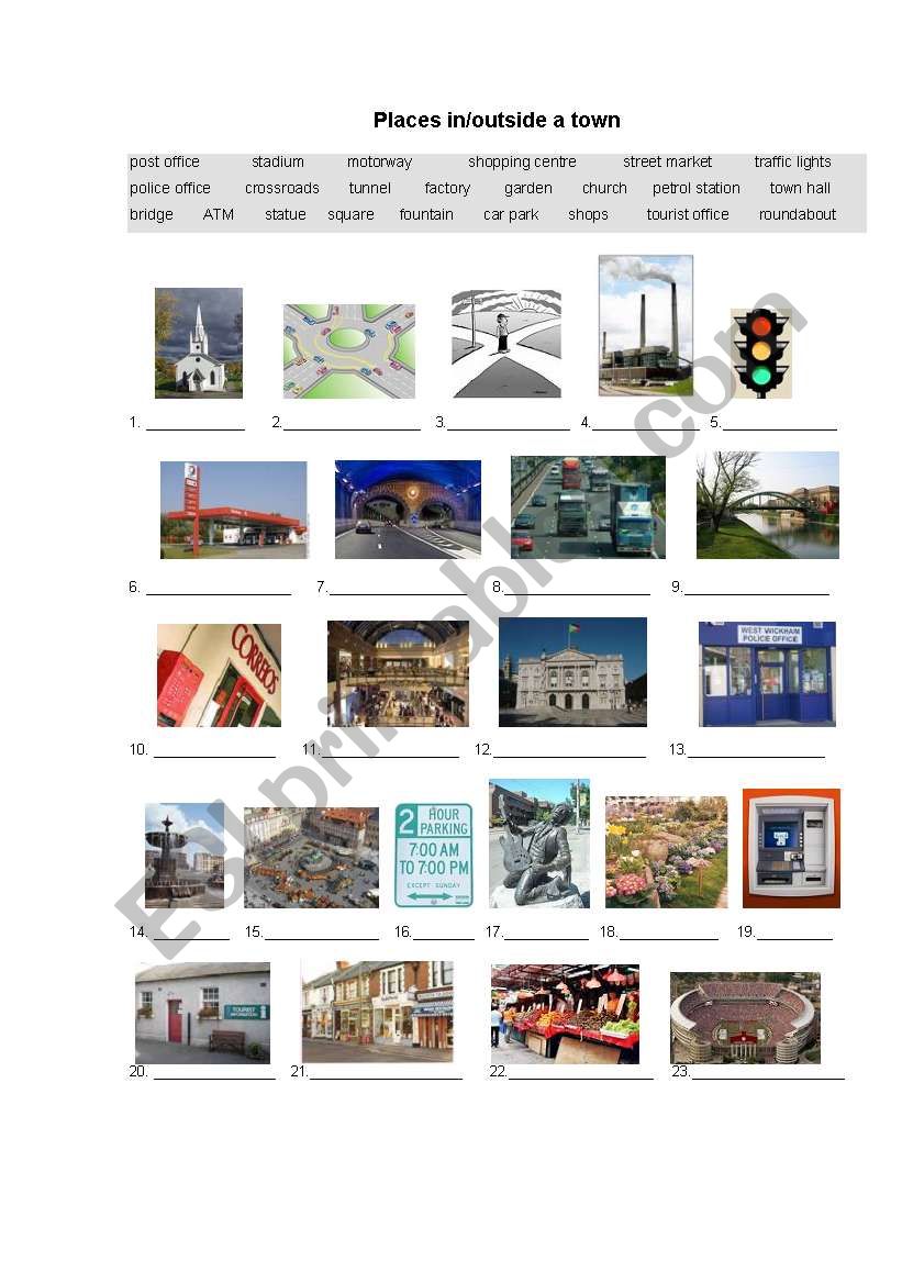 places in/outside town worksheet