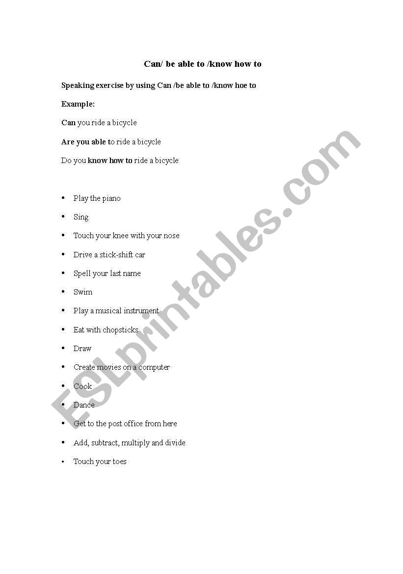 can/be  able to/know how to worksheet