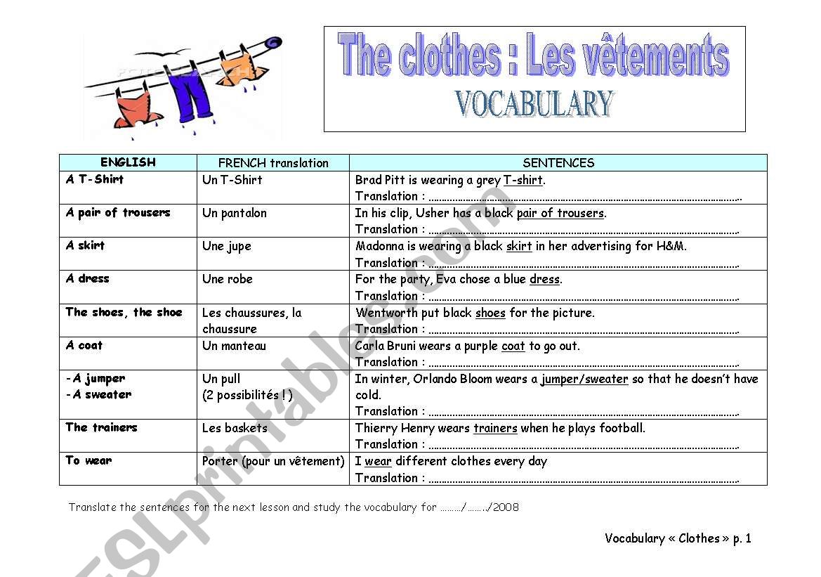 Clothes Vocabulary student worksheet