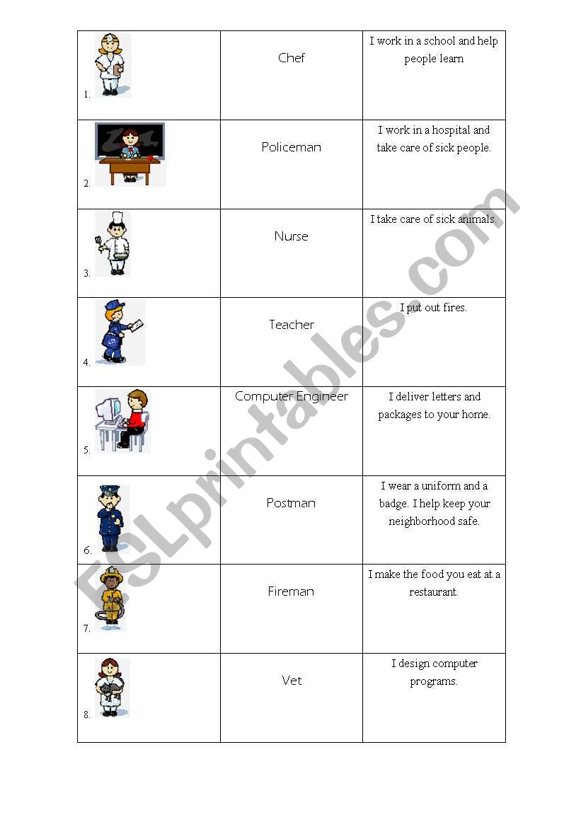 Jobs Cut and Match Cards worksheet