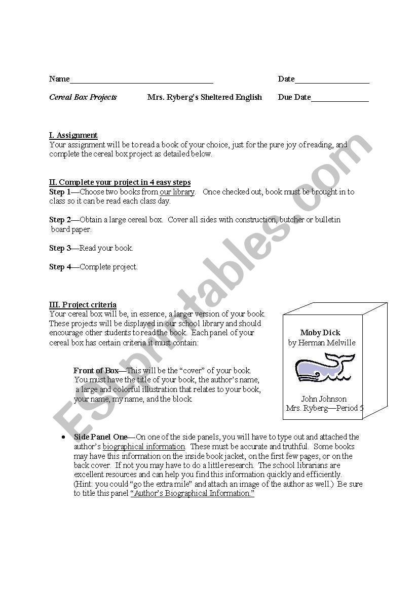 Book reports:  Cereal Box Project