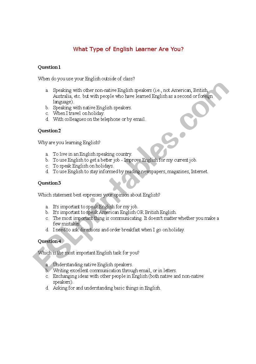 What Type of Learner Are You worksheet