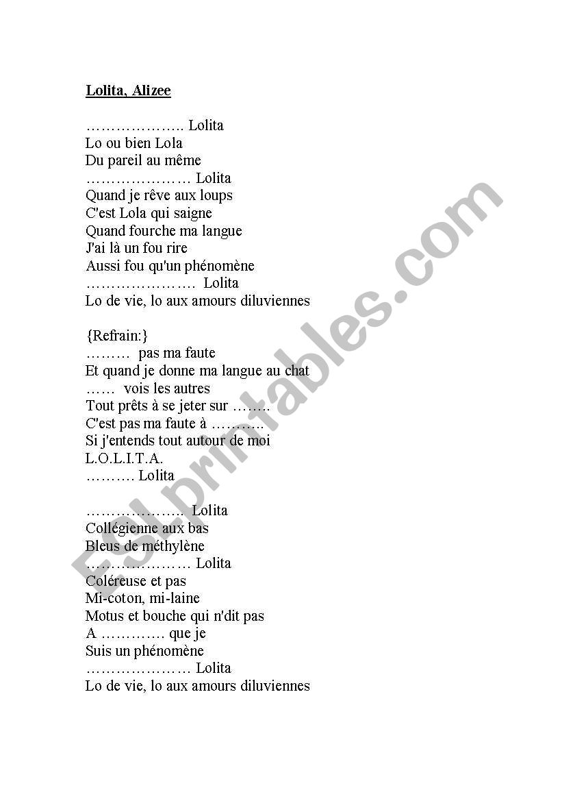 chanson  worksheet