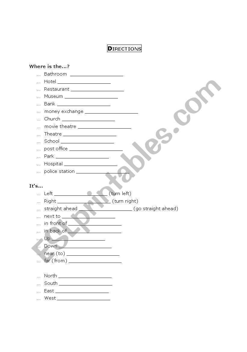 Directions worksheet