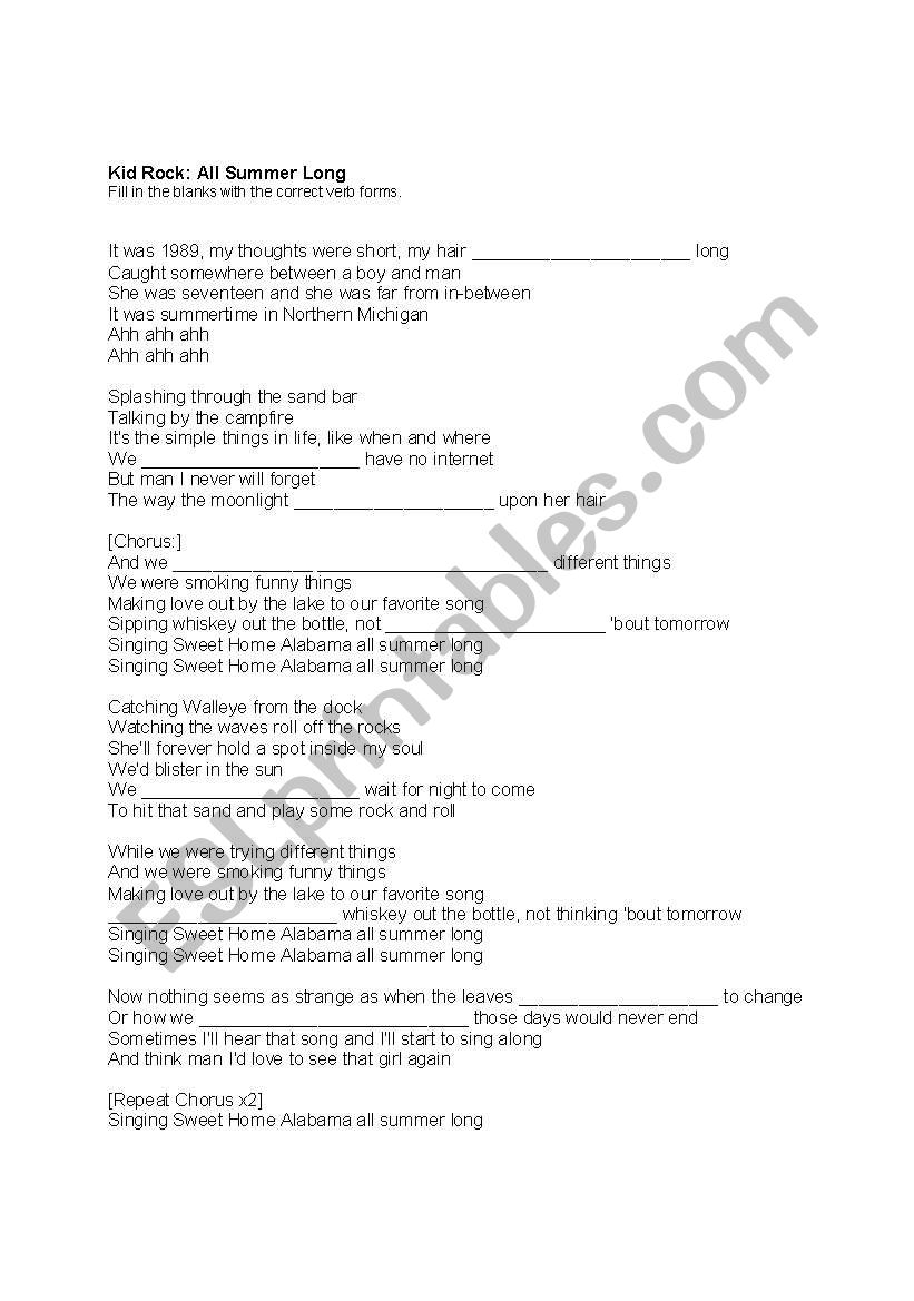 Kid Rock - All Summer Long worksheet