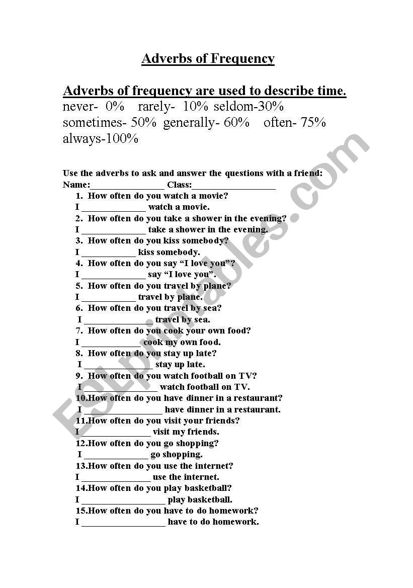 Adverbs of Frequency worksheet