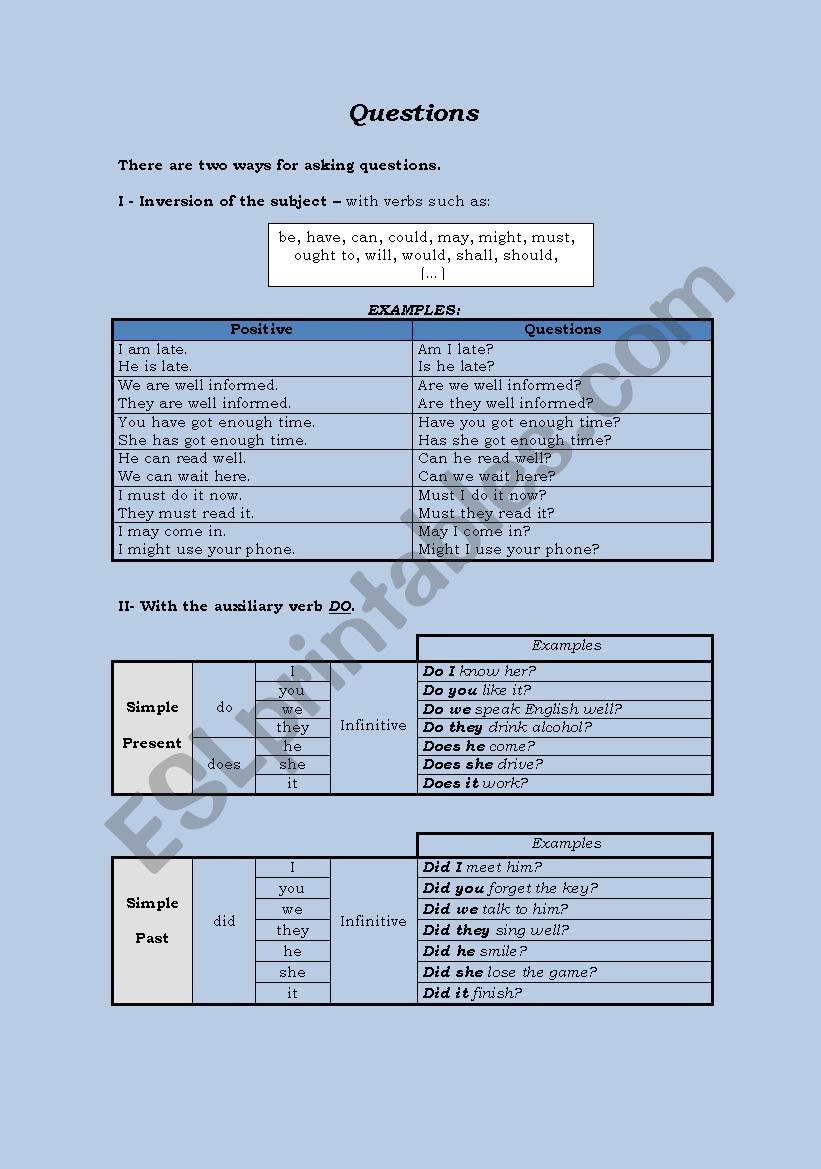 How to ask questions worksheet