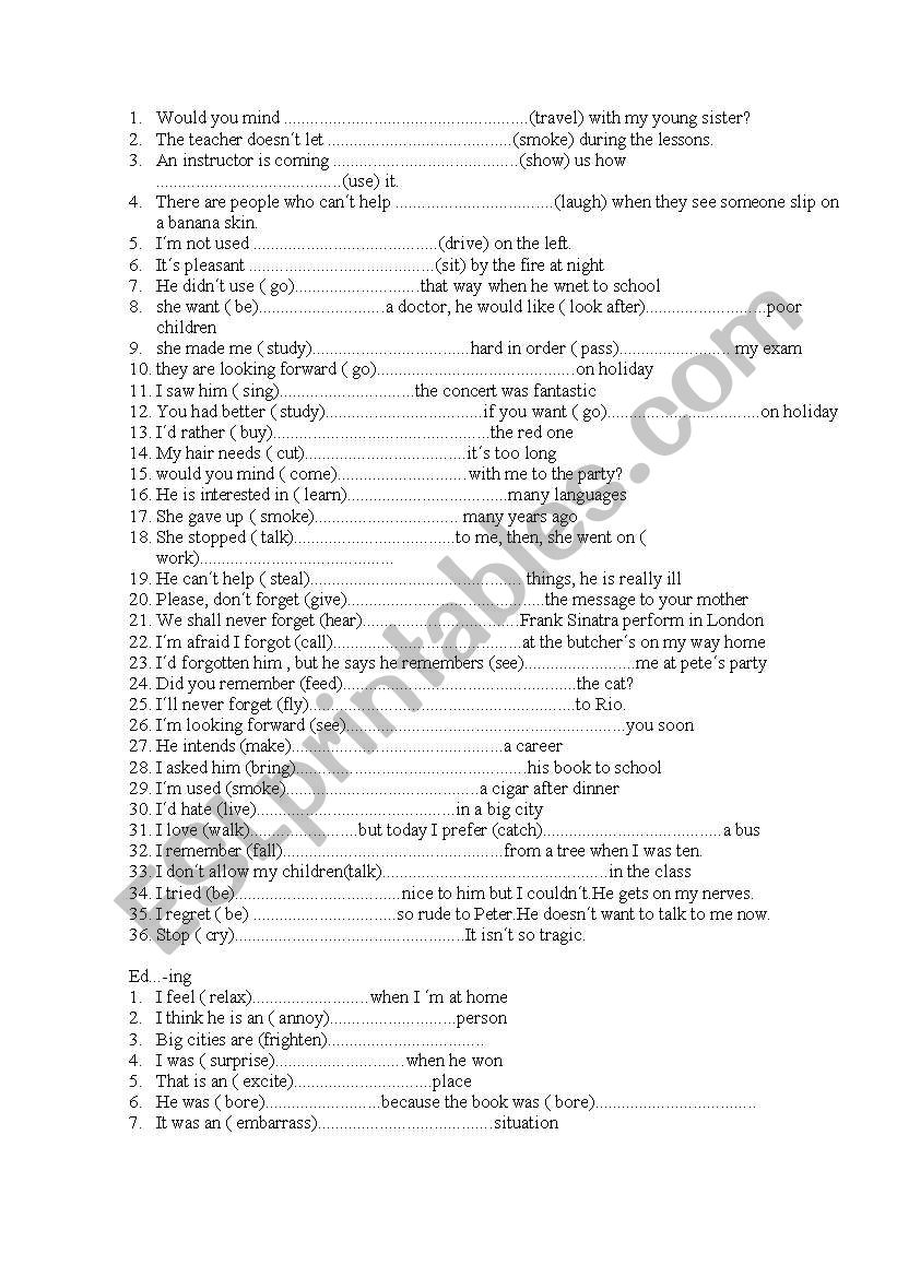 ing to and bare infinitive worksheet