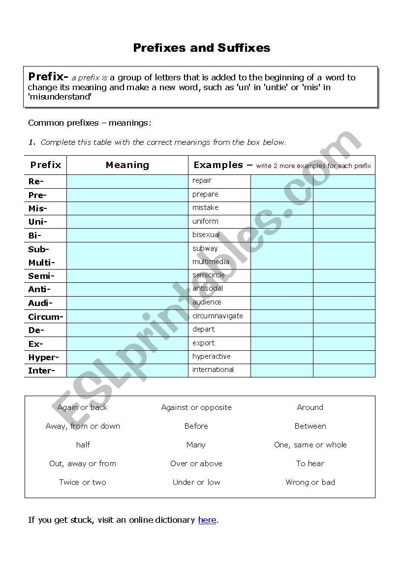 Prefixes and Suffixes worksheet