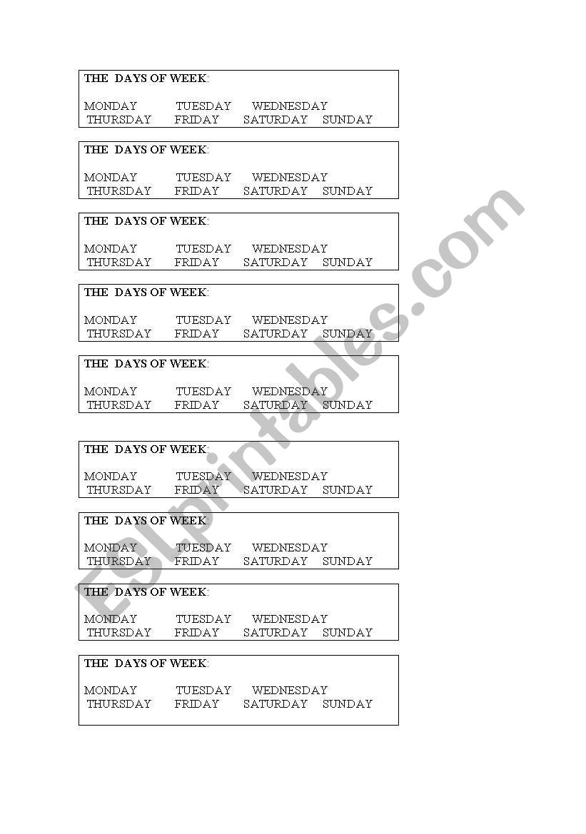 the days of week worksheet