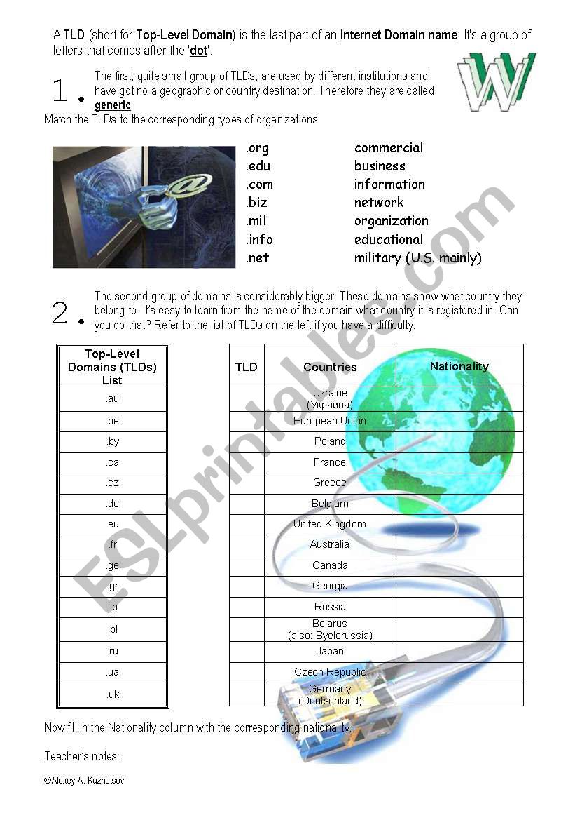 The Whole World on the Internet: countries practice worksheet; with key