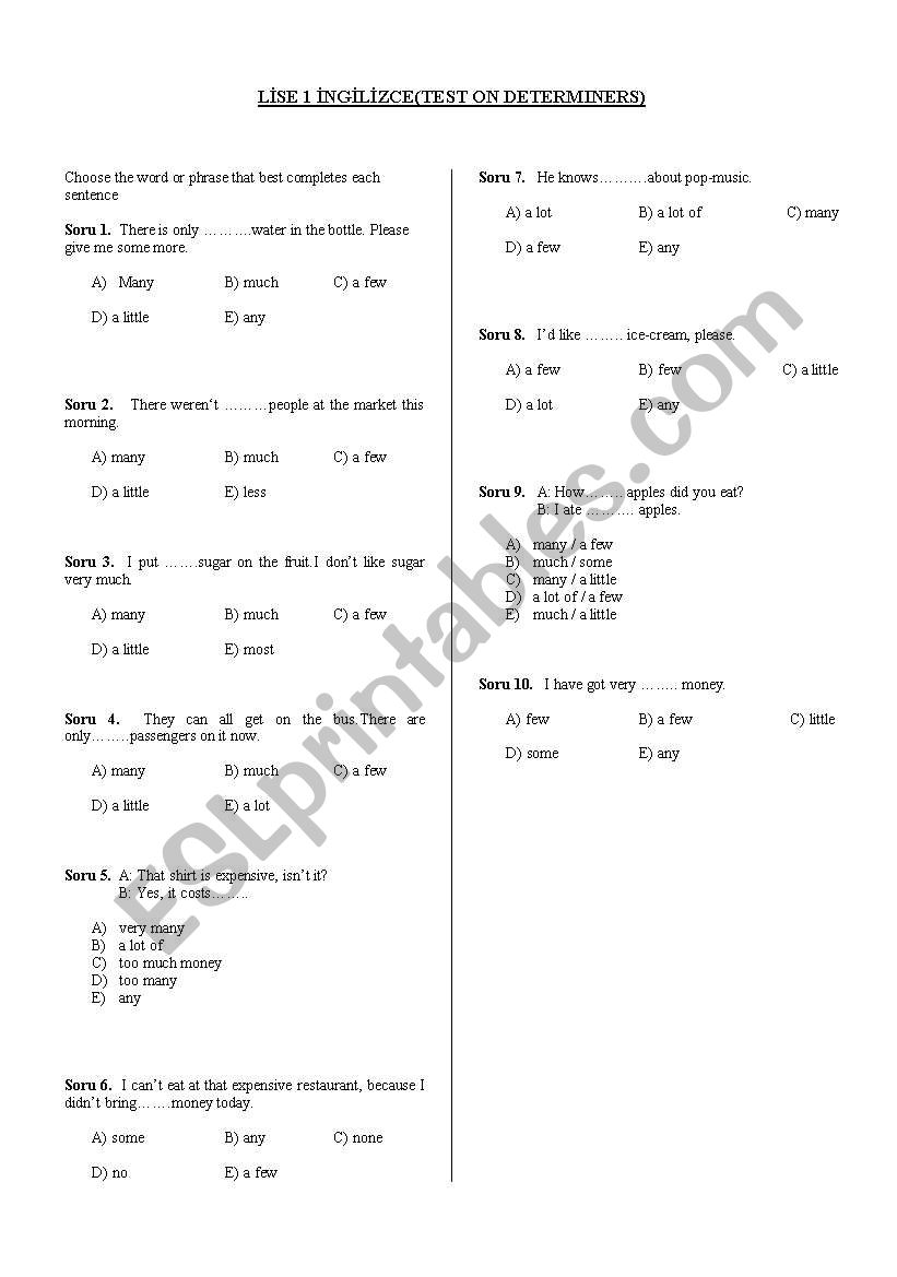 determiners worksheet