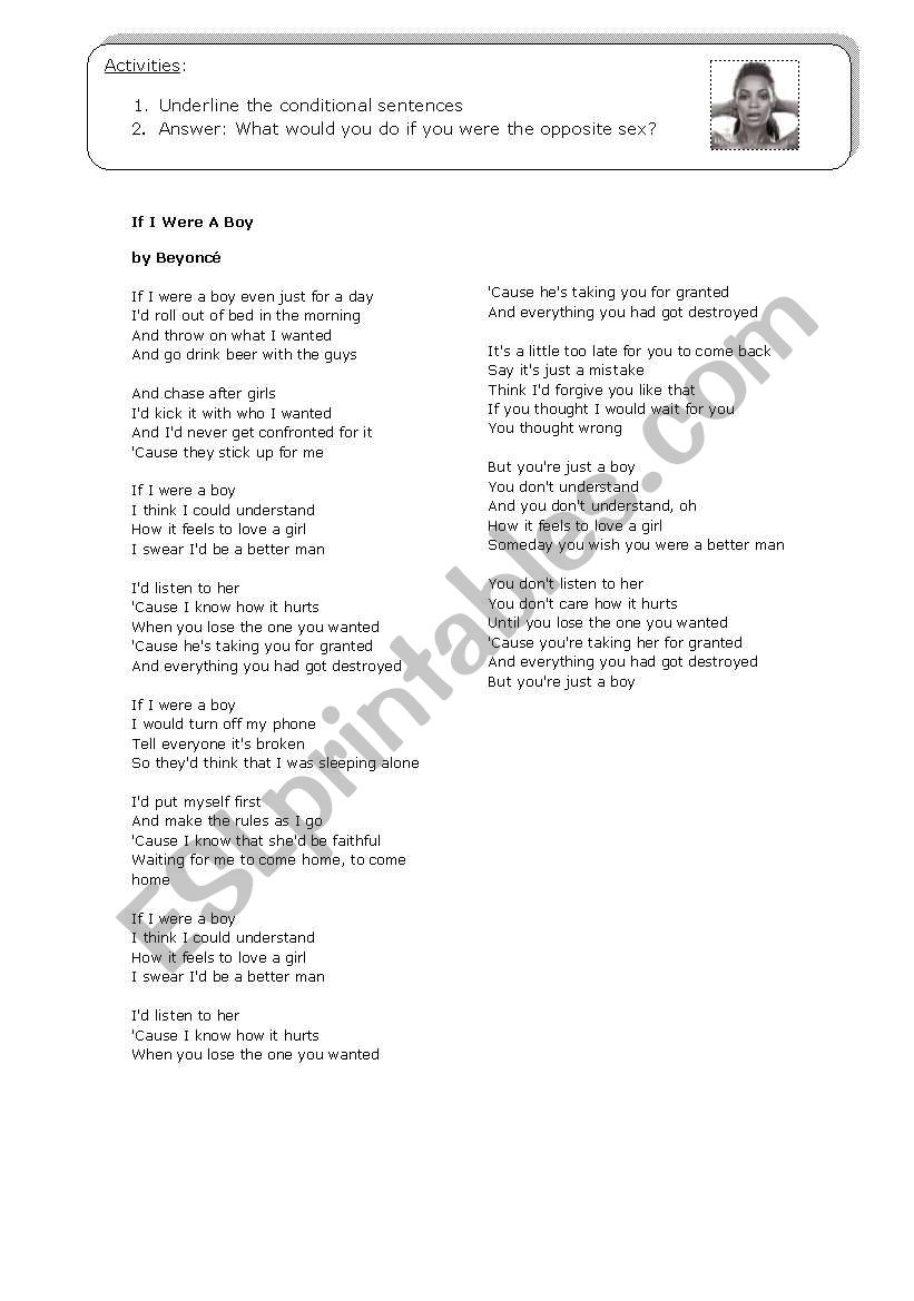 Song: If I were a boy worksheet