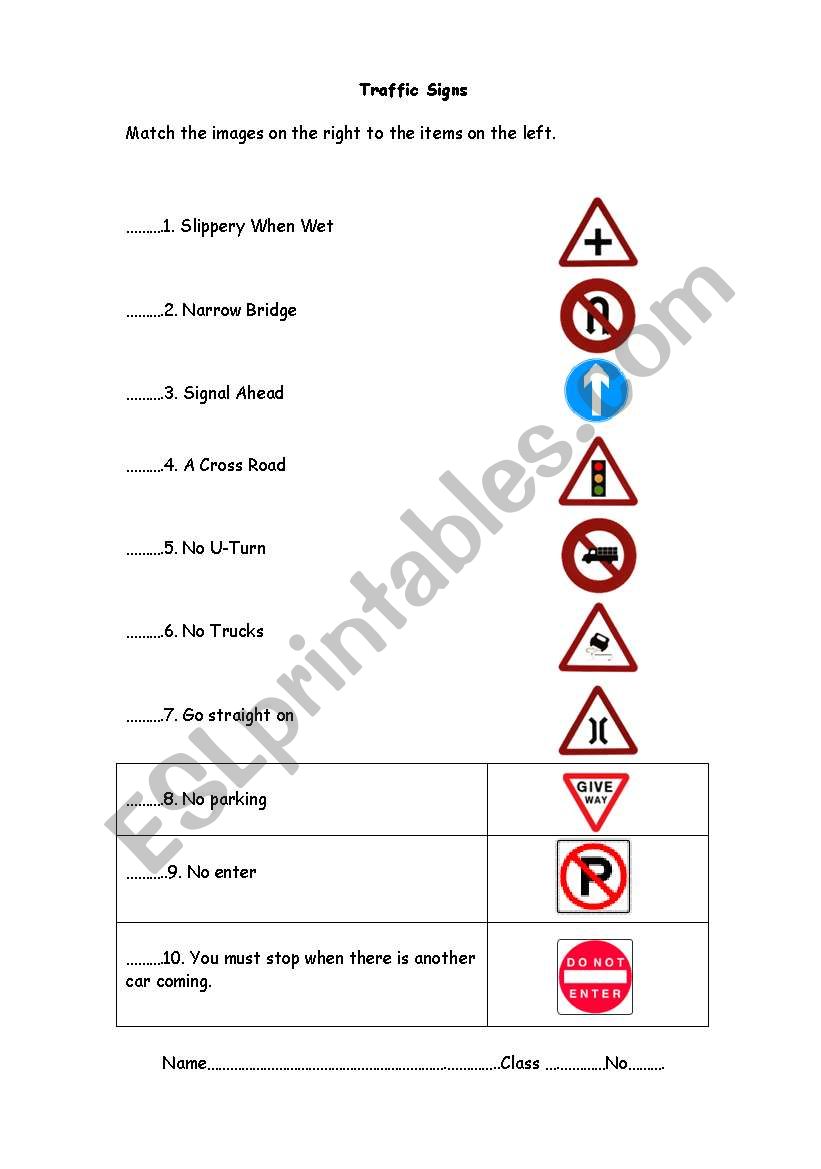 Traffic signs worksheet