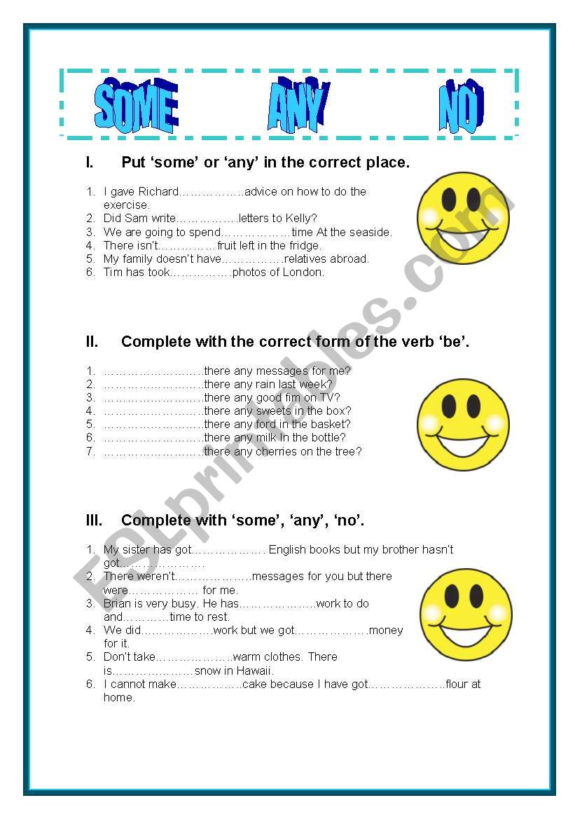 SOME ANY NO exercises worksheet