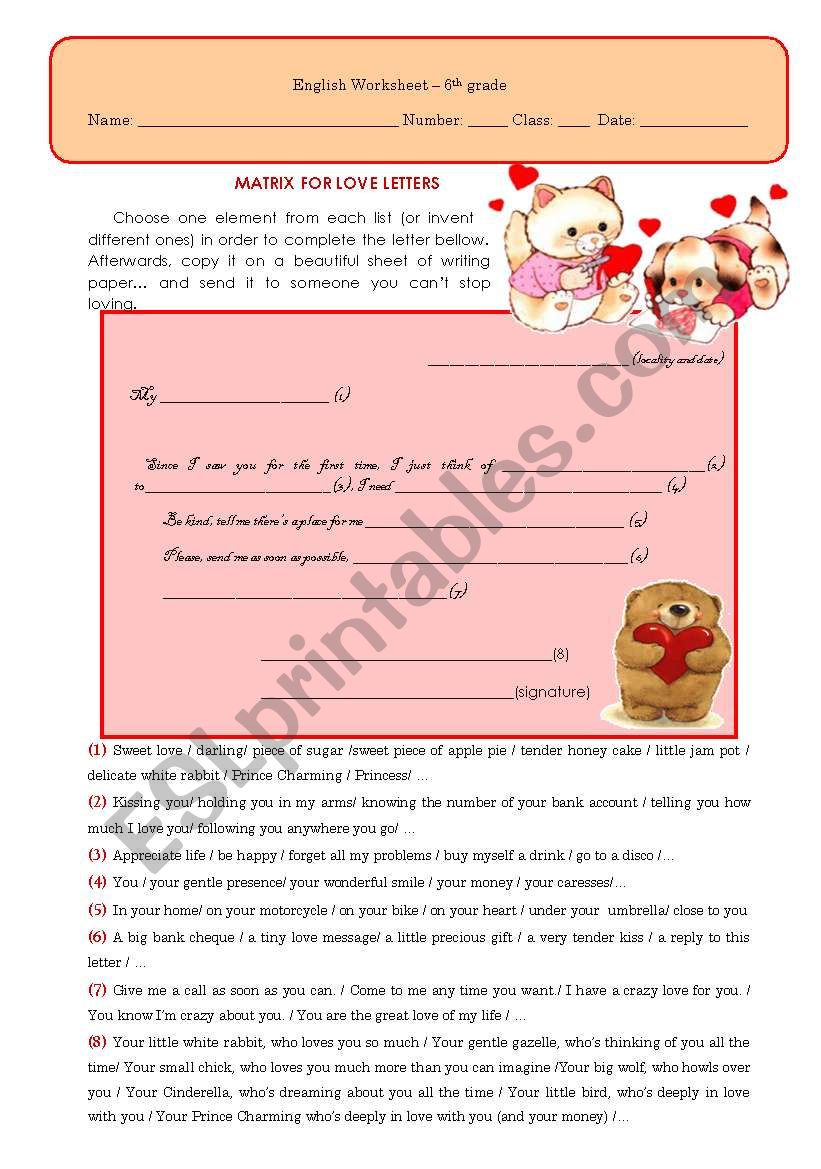 MATRIX FOR LOVE LETTERS worksheet