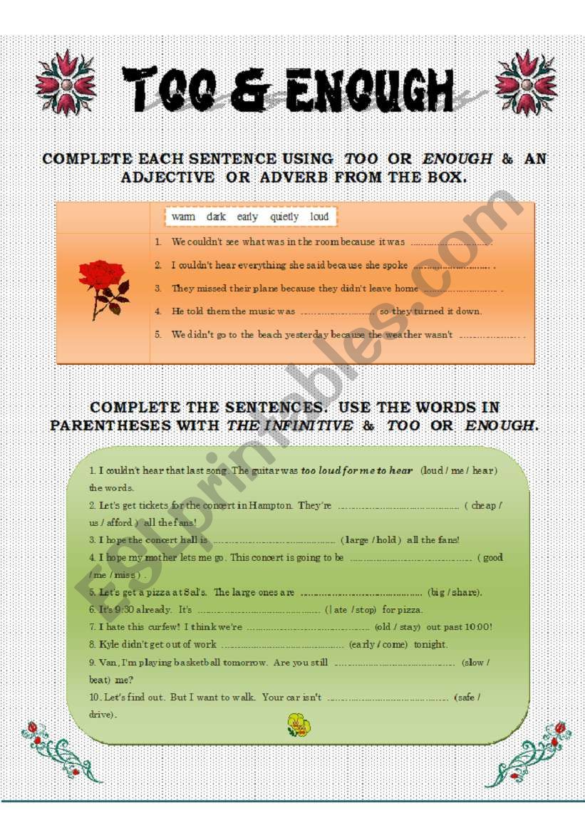 Too & Enough worksheet