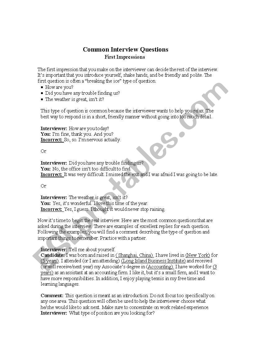 Common Interview Questions worksheet